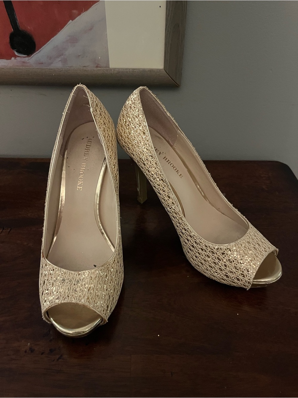 Audrey Brooke Gold Glitter Peep Toe Pumps, Sz 8.5M